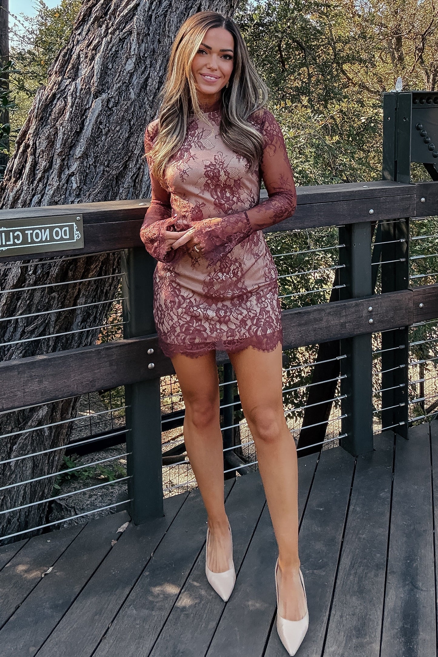 Baxley Chocolate Brown Long Sleeve Lace Mini Dress