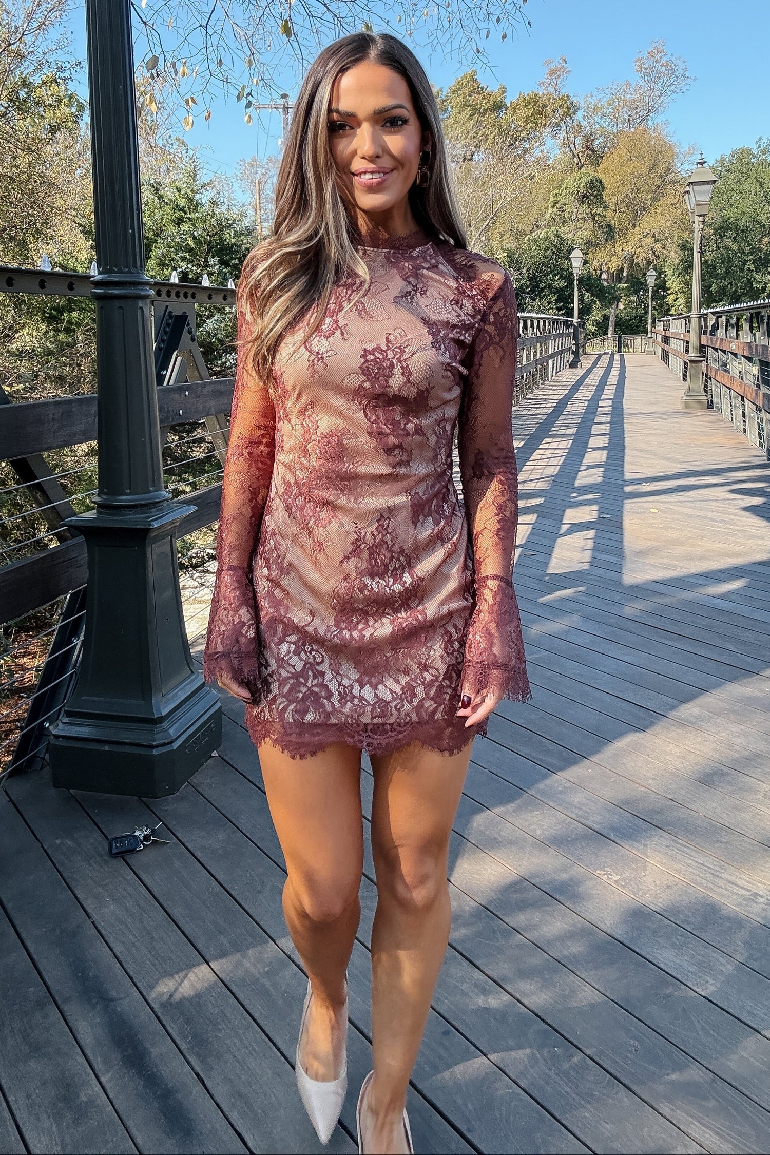 Baxley Chocolate Brown Long Sleeve Lace Mini Dress Baxley Chocolate Brown Long Sleeve Lace Mini Dress