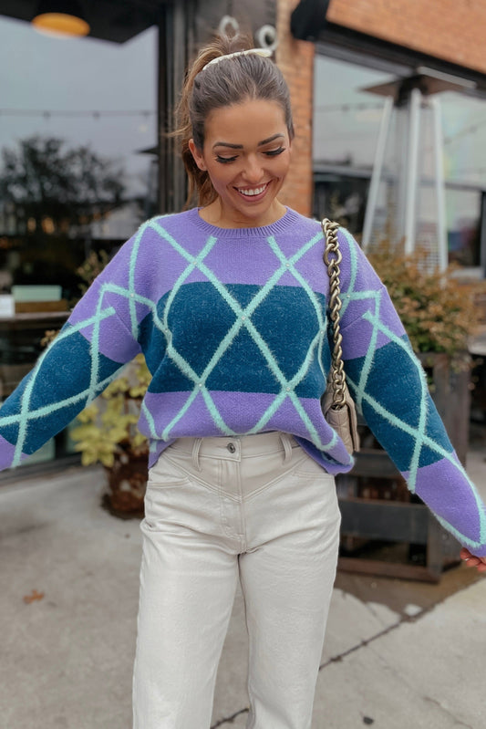 Morgan Purple and Navy Diamond Knit Sweater