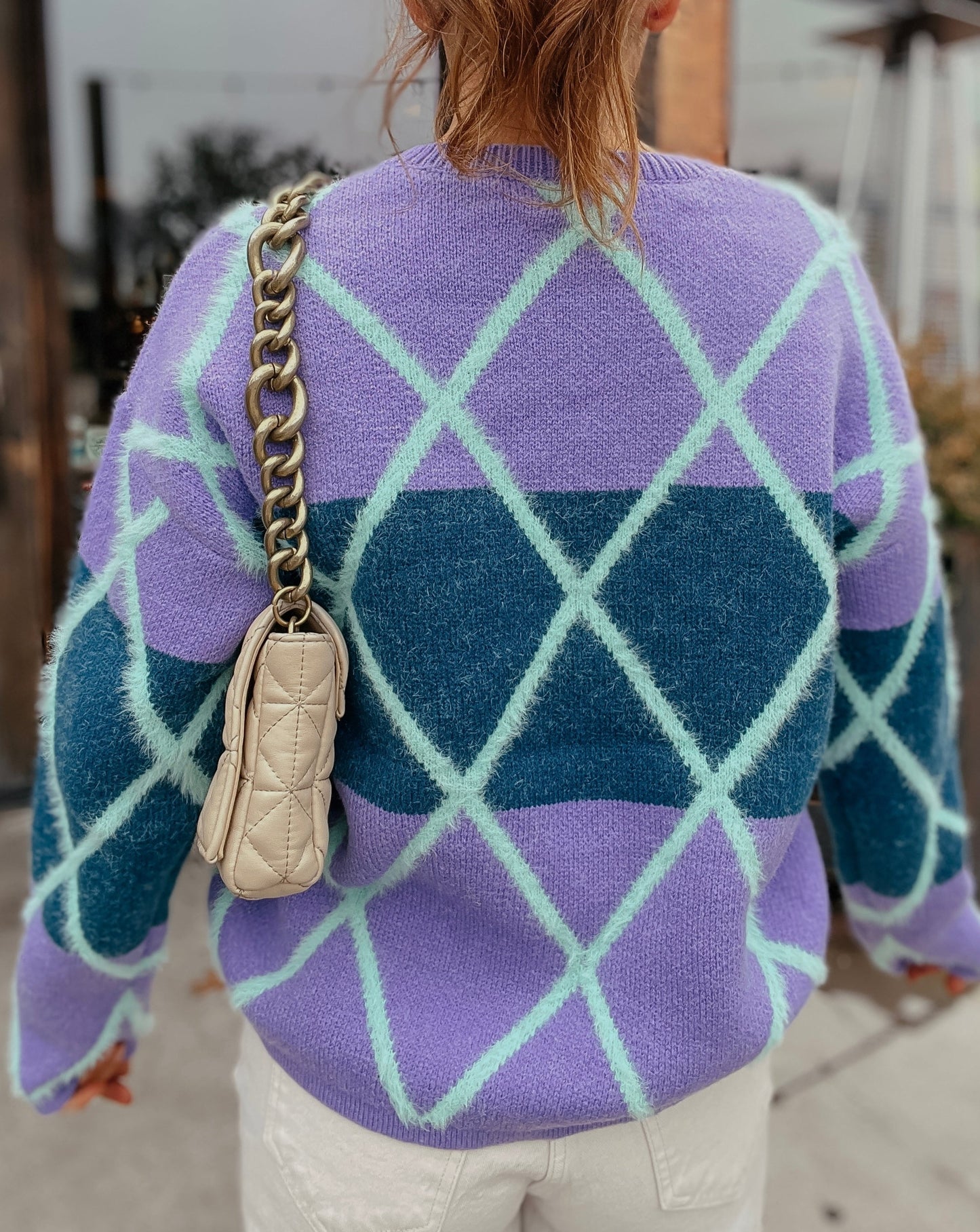 Morgan Purple and Navy Diamond Knit Sweater