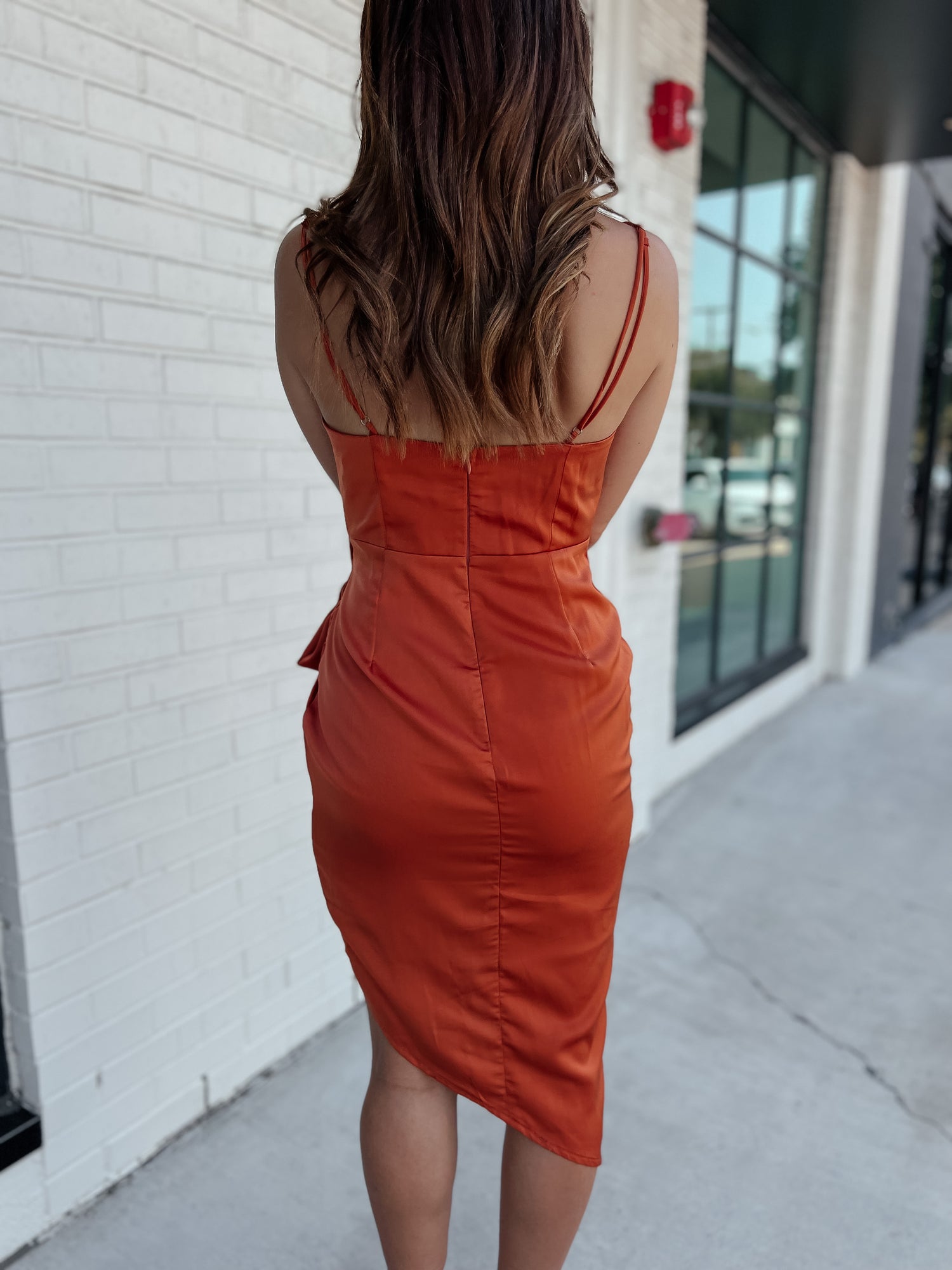 Jessica Terracotta Satin Faux Wrap Dress – Thomas and Rye Jessica Terracotta Satin Faux Wrap Dress – Thomas and Rye