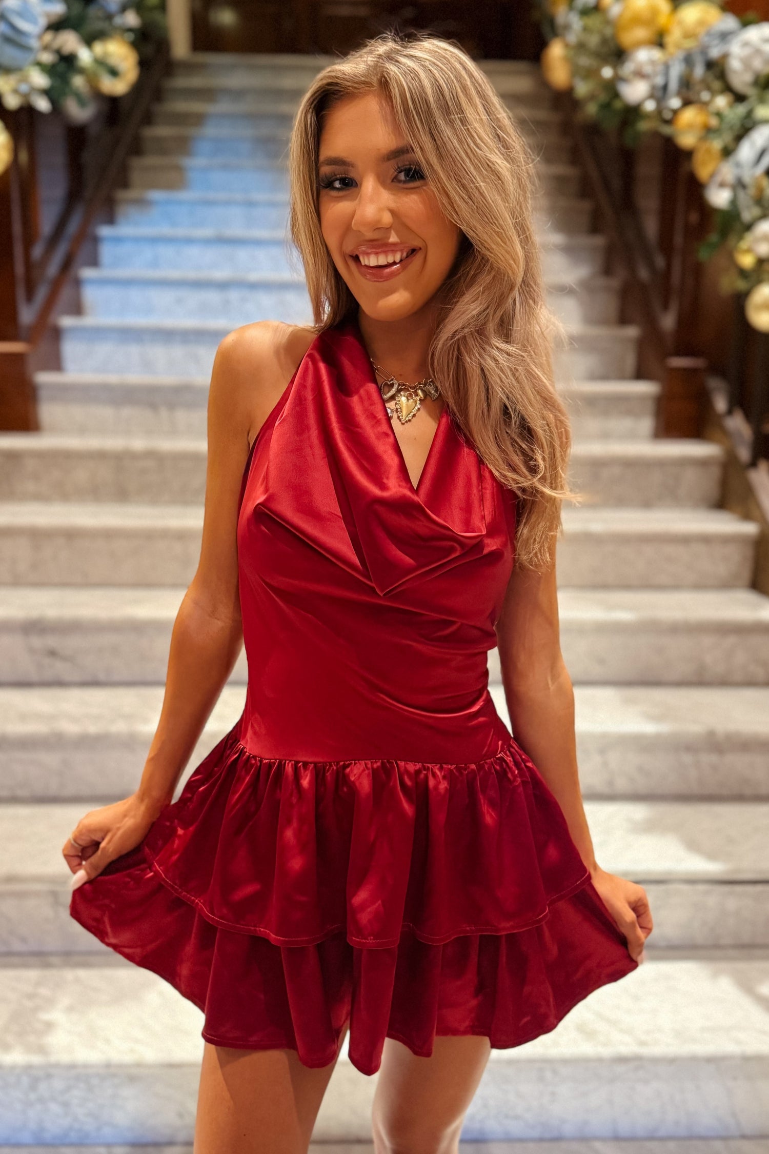 Maroon Halter Cowl Tiered Ruffle Mini Dress Thomas and Rye Maroon Halter Cowl Tiered Ruffle Mini Dress Thomas and Rye
