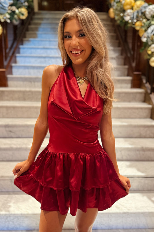 Maroon Halter Cowl Tiered Ruffle Mini Dress