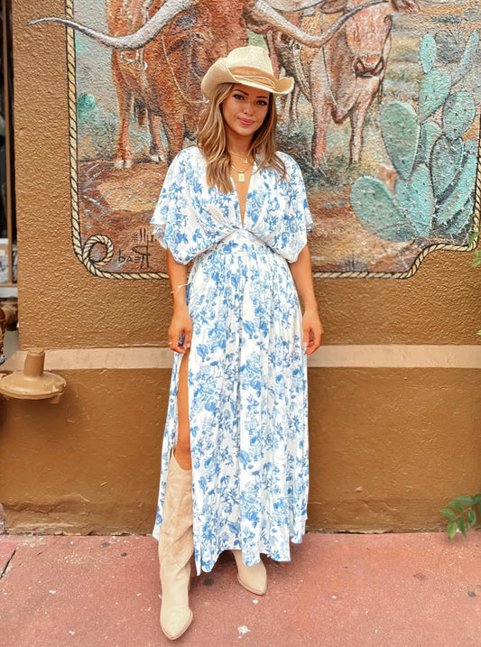Miley Blue and White Floral Deep-V Maxi Dress