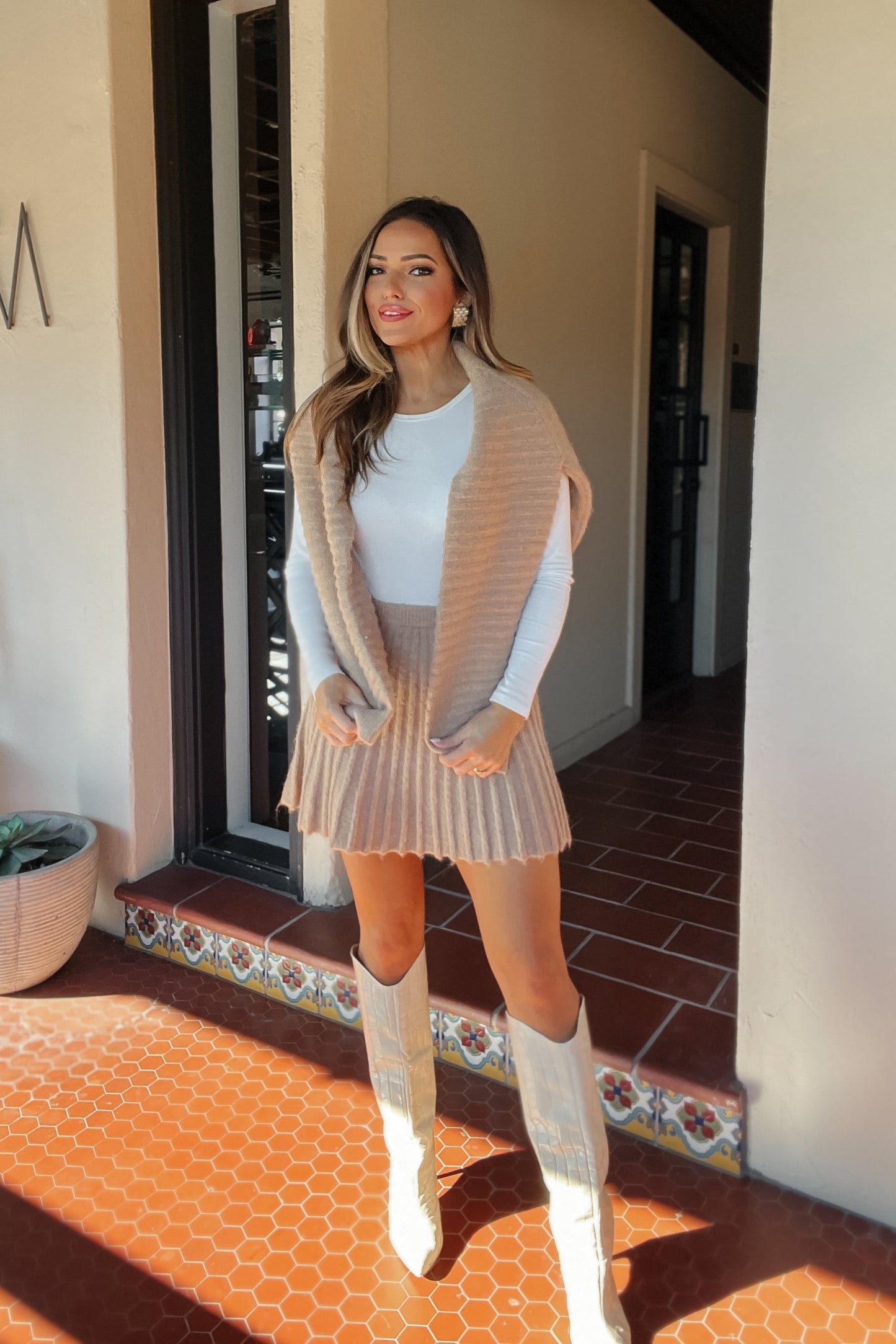 Riley Tan Pleated Sweater Skirt