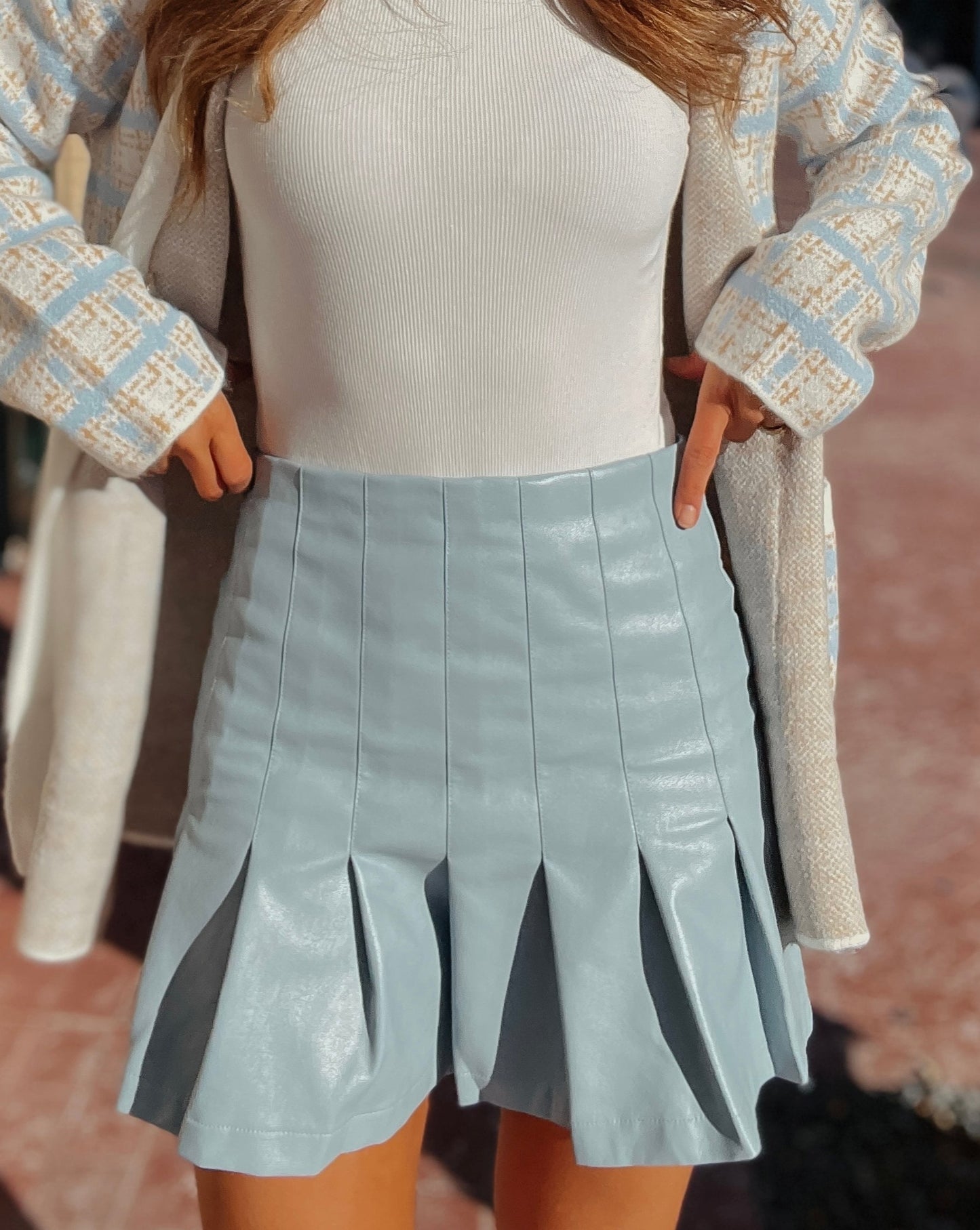 Natalie Baby Blue Leather Pleated Skirt