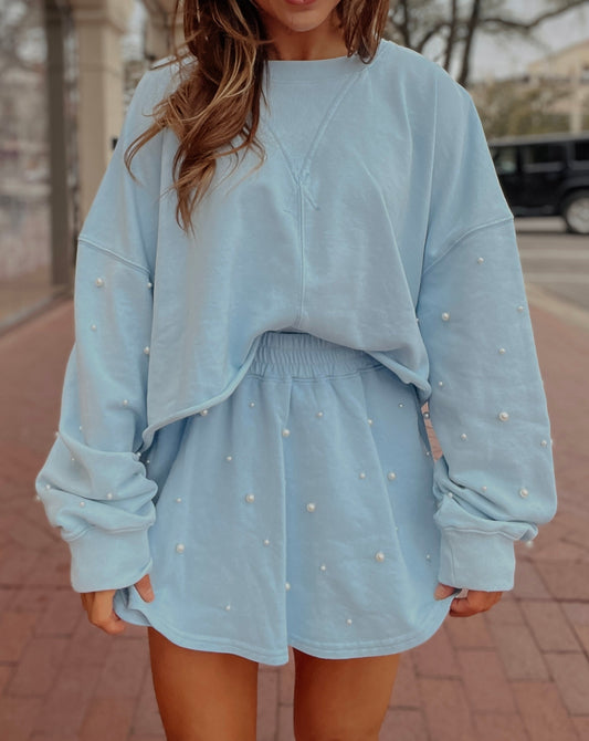 Presley Pearl Studded Crop Sweatshirt | Light Blue