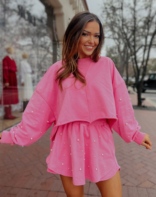 Presley Pearl Studded Crop Sweatshirt | Pink