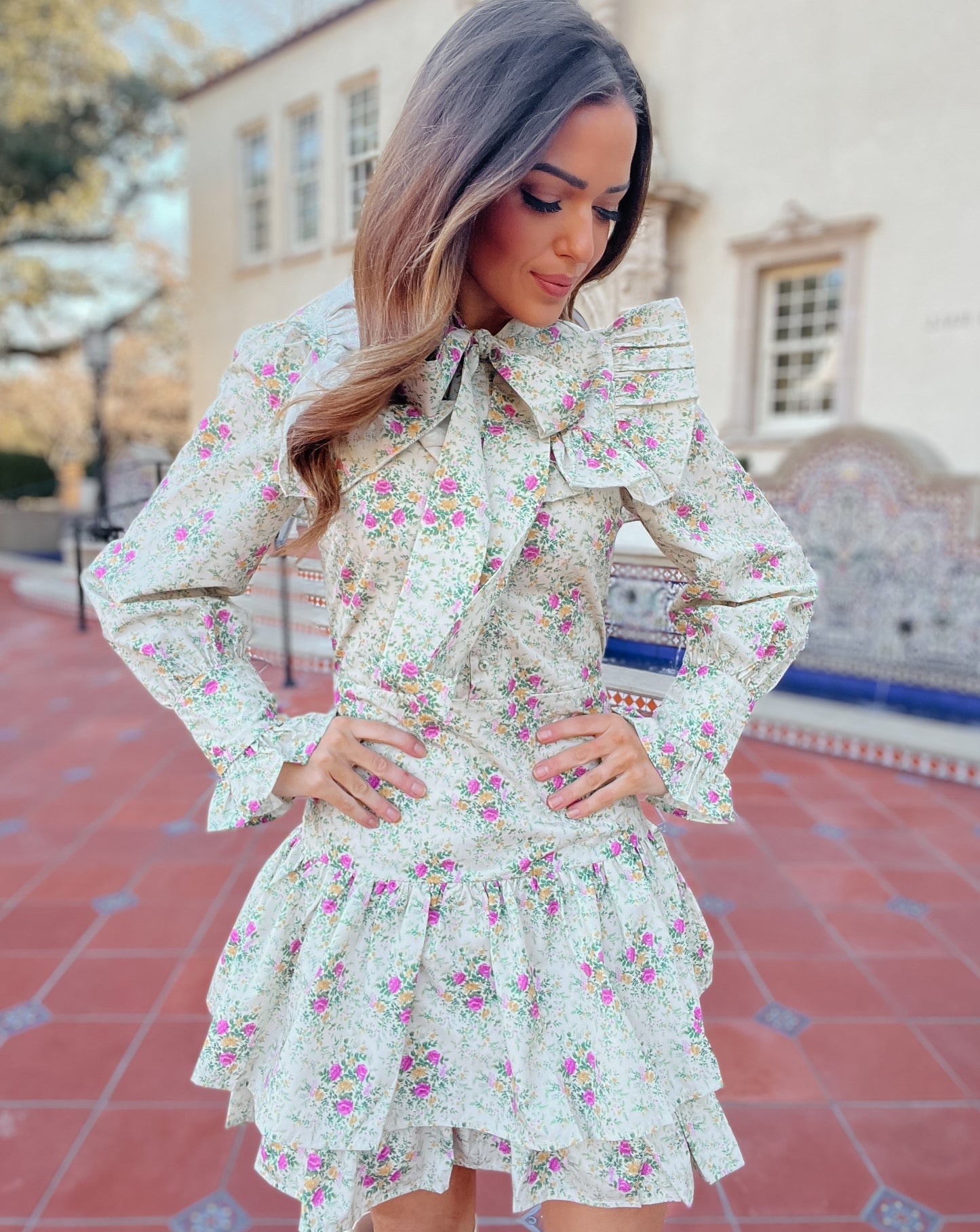Quinlynn Taupe Floral Ruffle Bow Dress