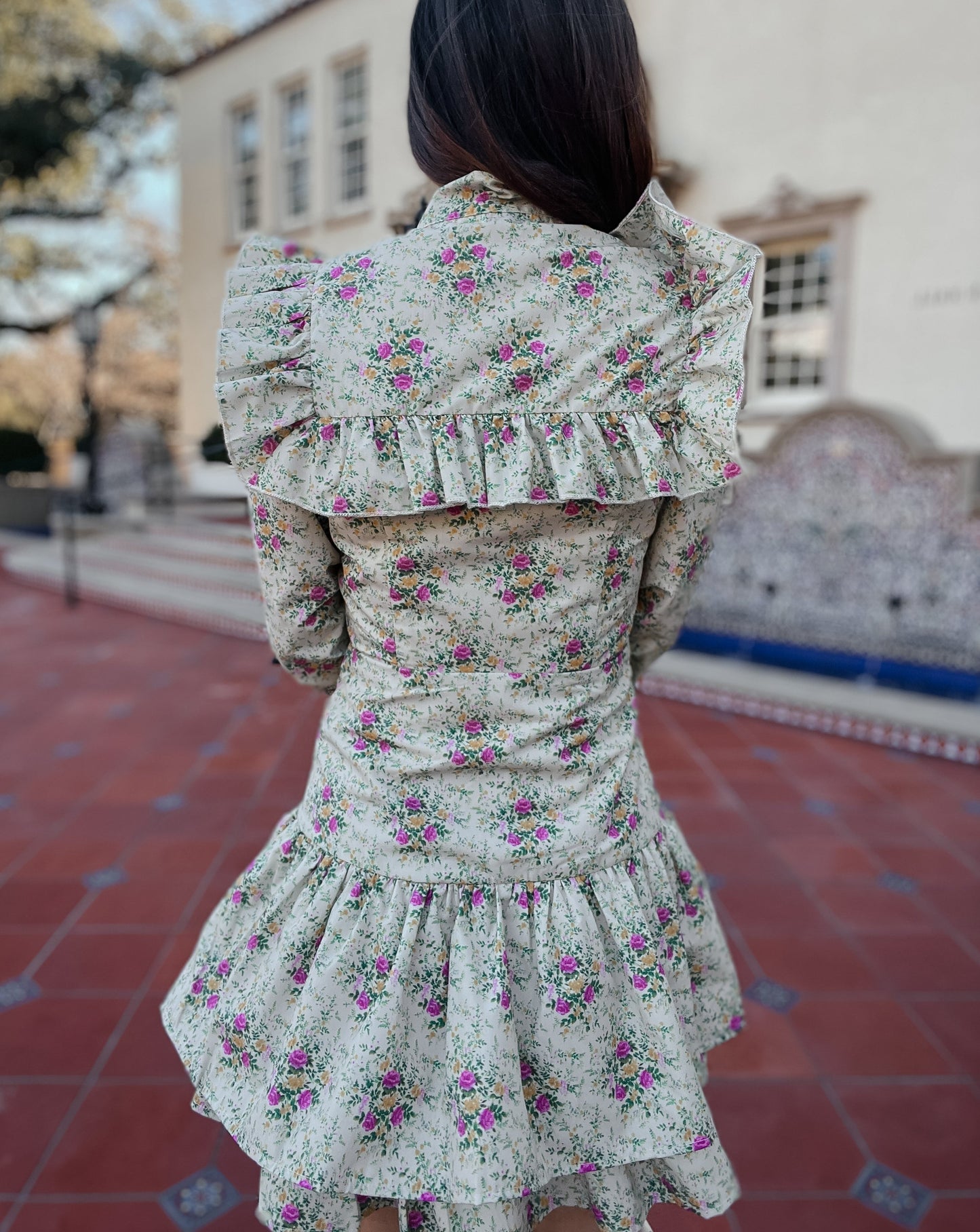 Quinlynn Taupe Floral Ruffle Bow Dress