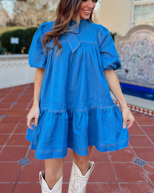 Remi Denim Bow Puff Sleeve Dress