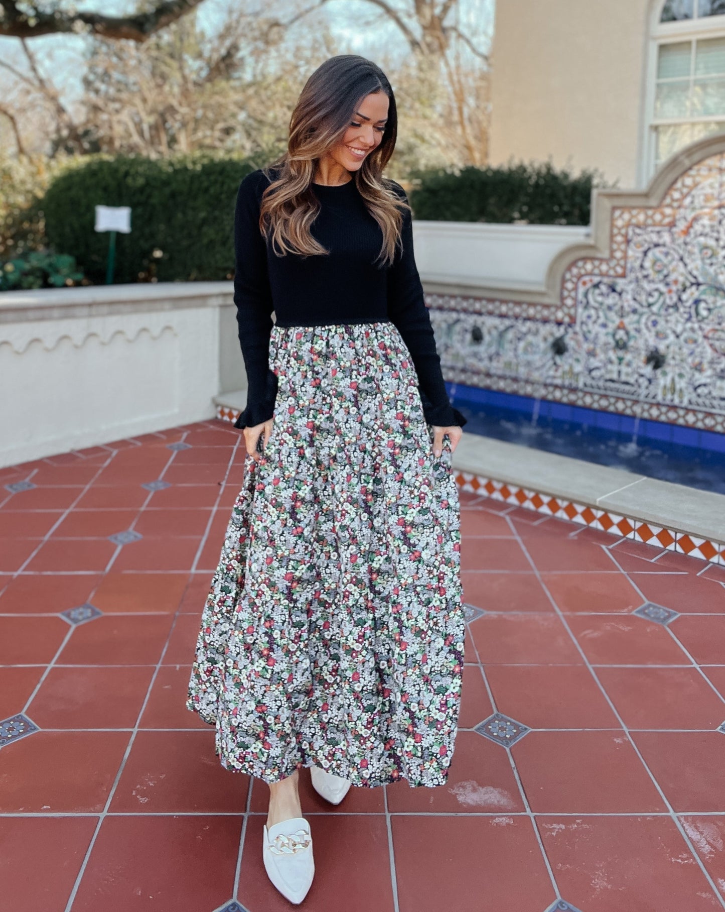 Naomi Black Knit + Floral Midi Dress