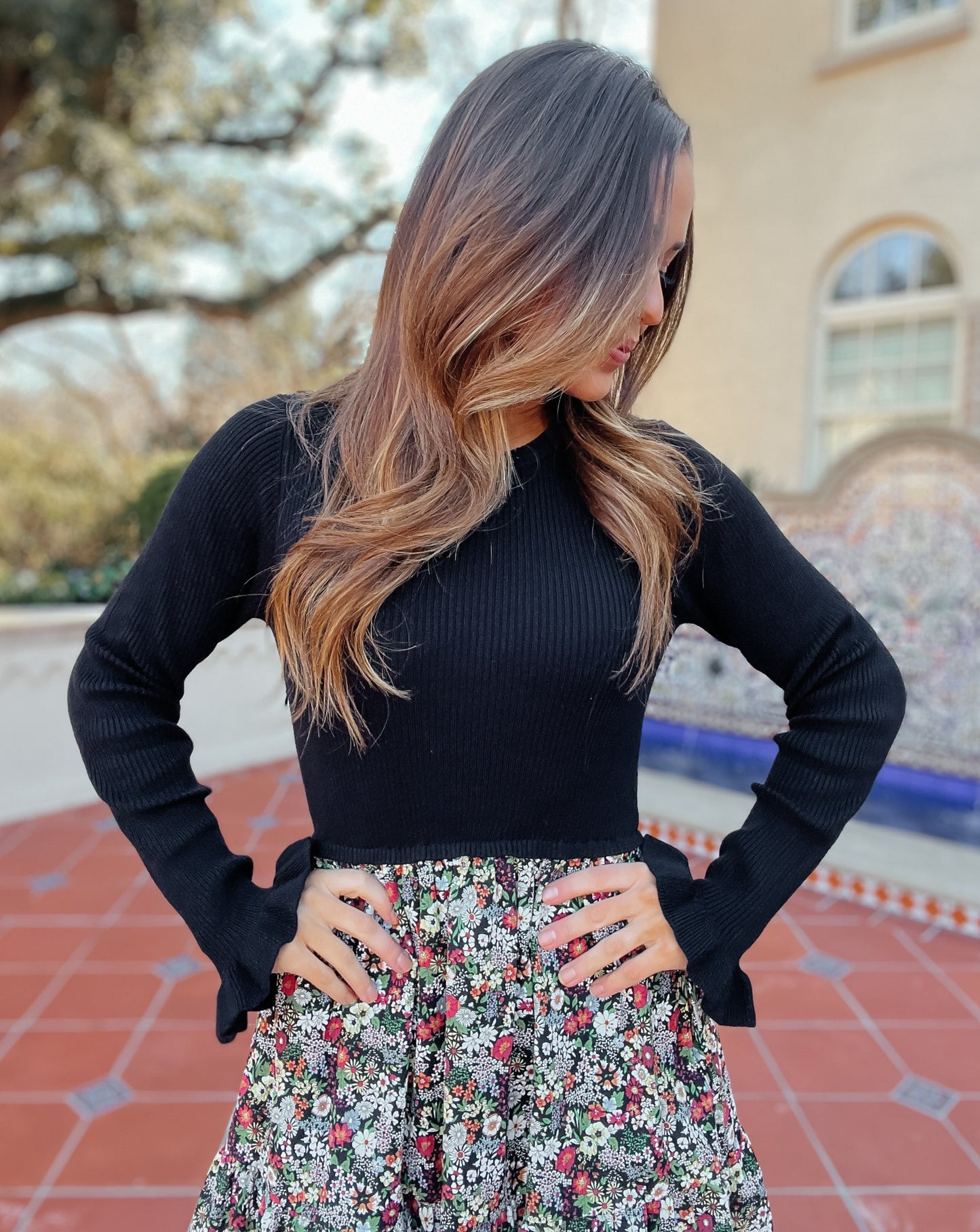 Naomi Black Knit + Floral Midi Dress