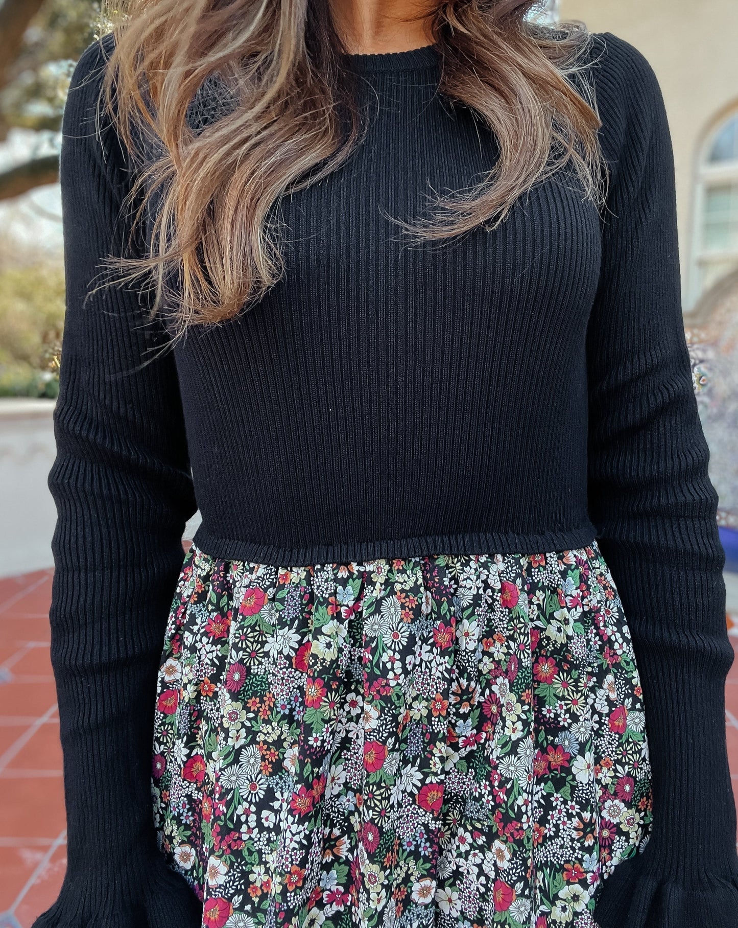 Naomi Black Knit + Floral Midi Dress