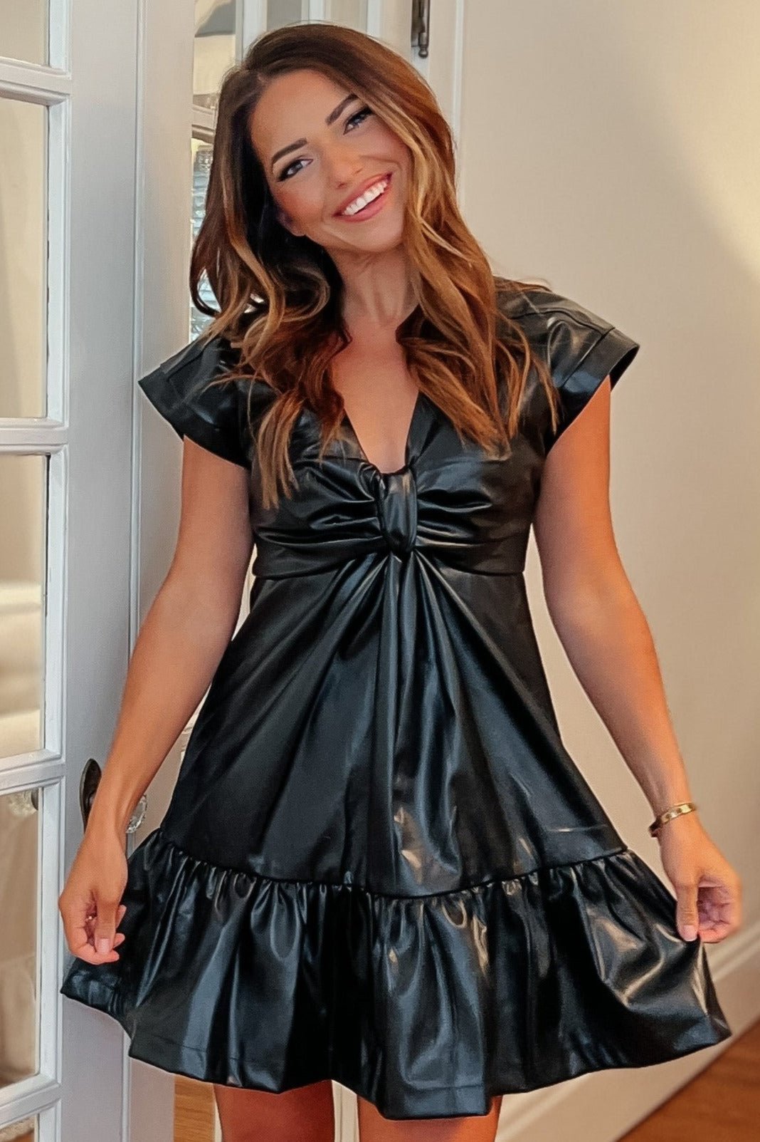 knot mini dress Camila Black Leather Knot Mini Dress