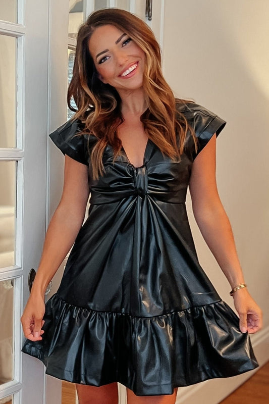 Camila Black Leather Knot Mini Dress