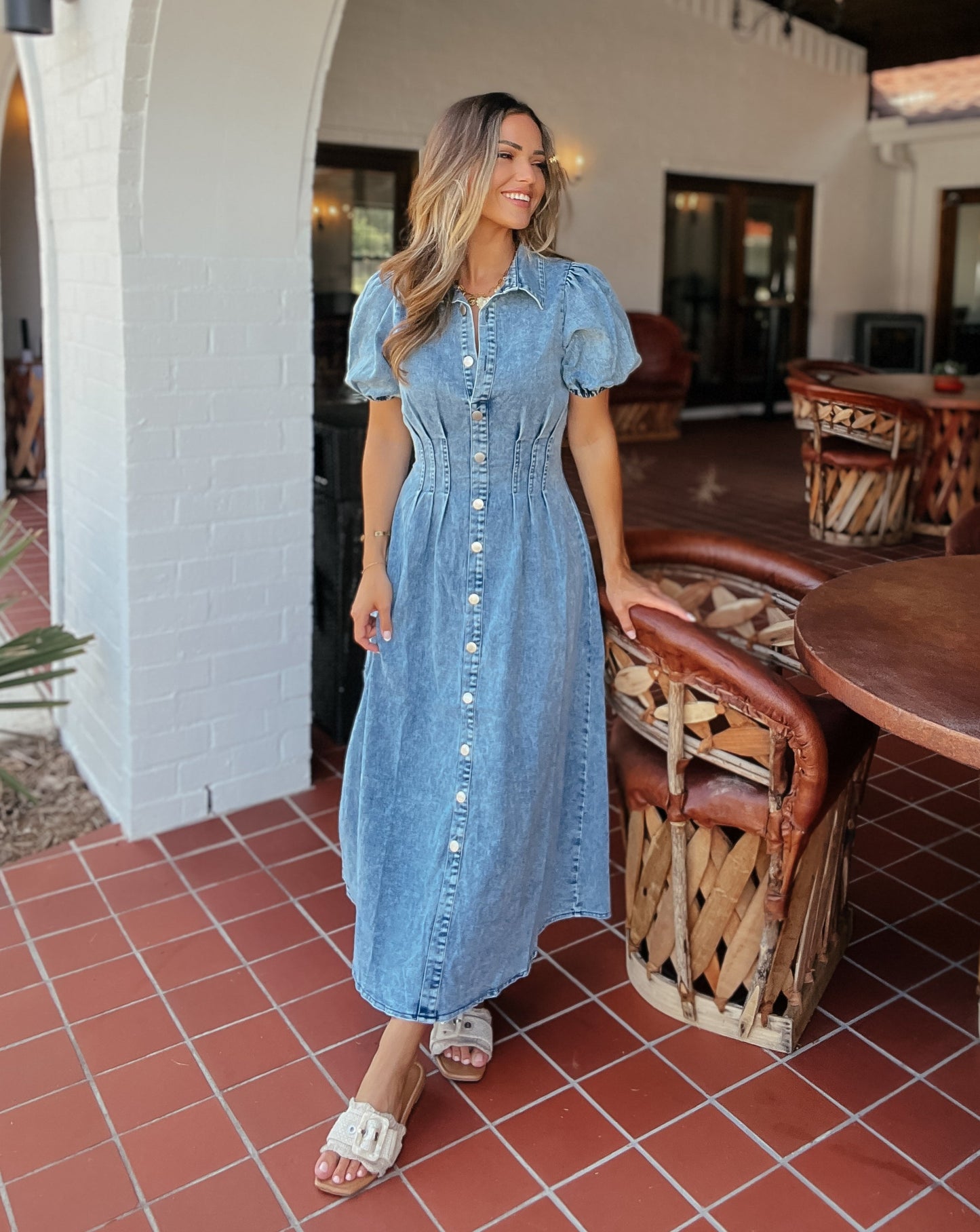 Megan Denim Puff Sleeve Midi Dress