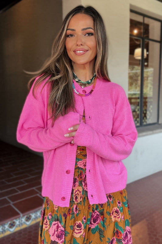 Brielle Bright Pink Button-Down Cardigan