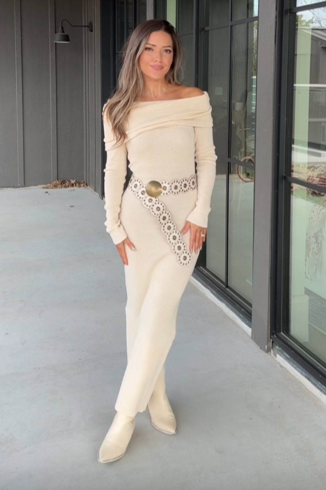 Stetson Cream Off The Shoulder Maxi Sweater Dress