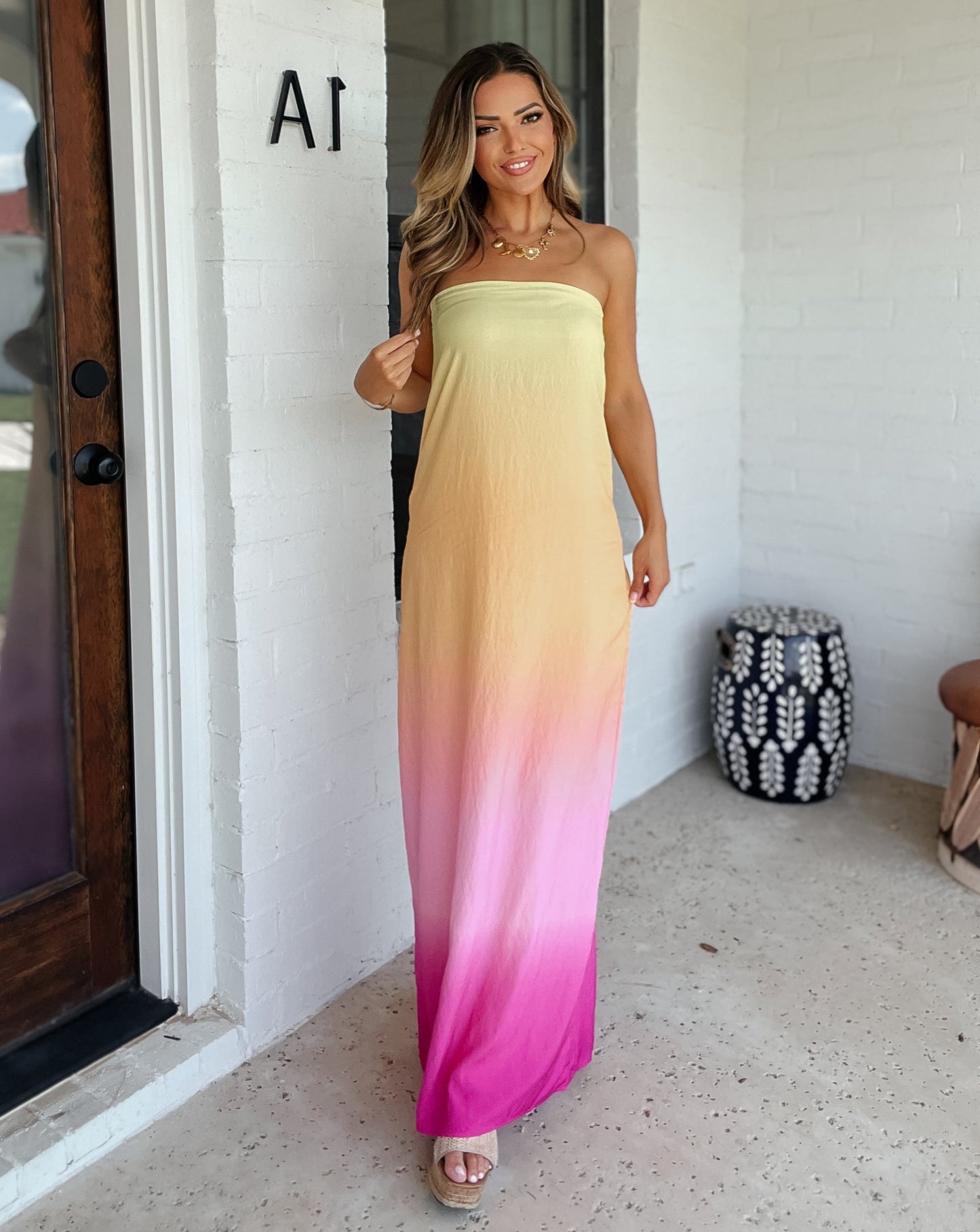 Sunrise in Santorini Strapless Maxi Dress