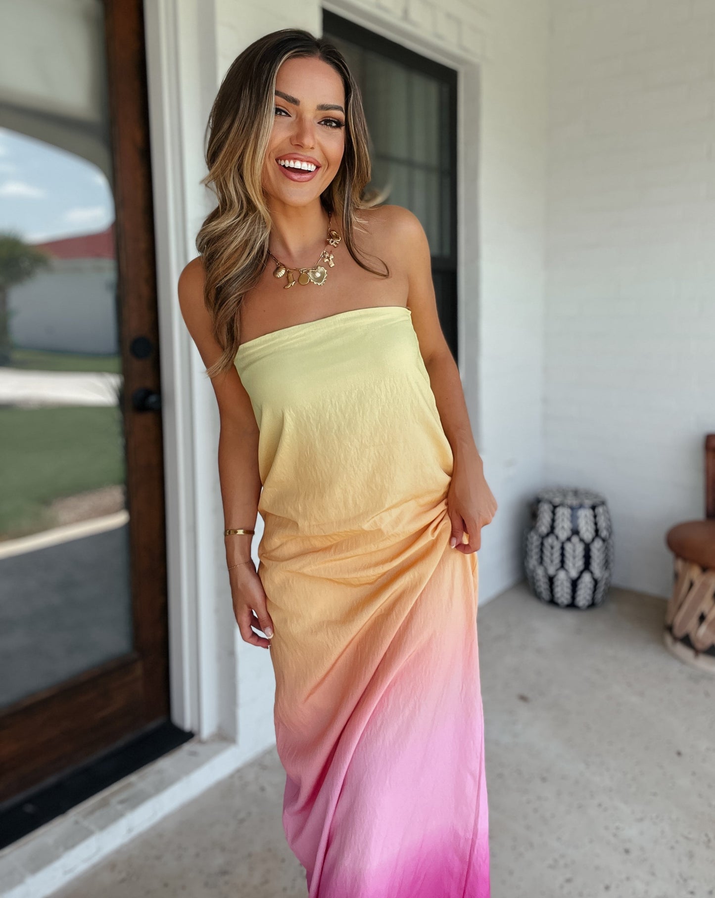 Sunrise in Santorini Strapless Maxi Dress