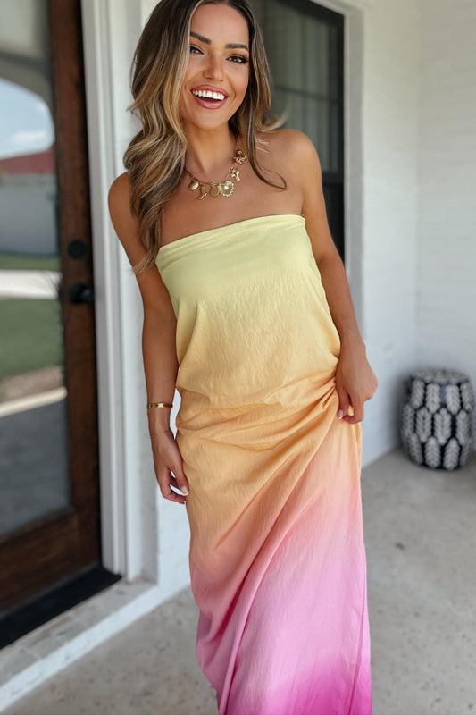 Sunrise in Santorini Strapless Maxi Dress