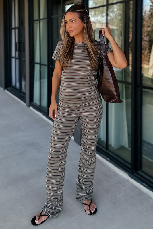 Lauren Olive Green and Brown Striped Pant Set