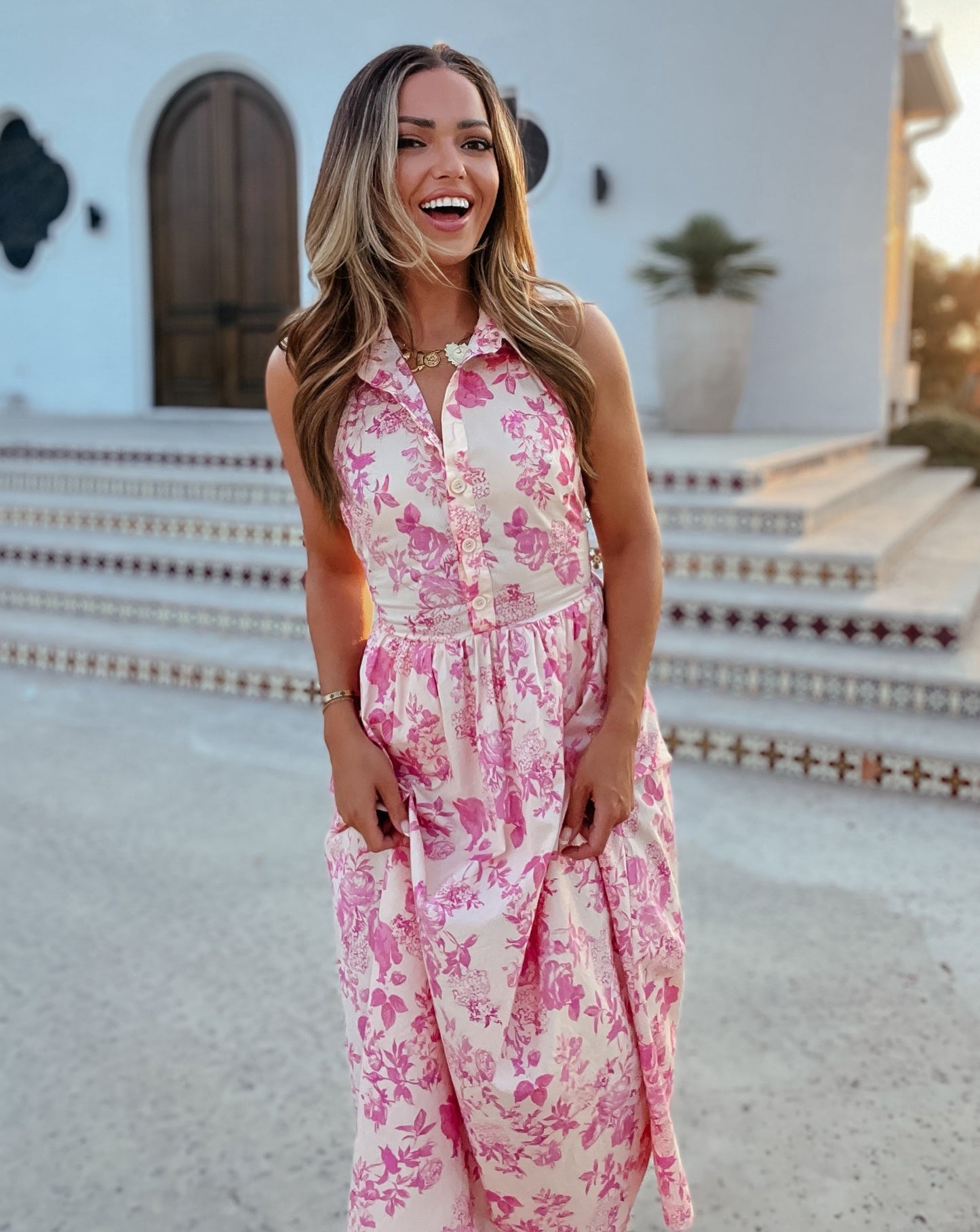 Abigail Pink Floral Button-Down Halter Backless Midi Dress