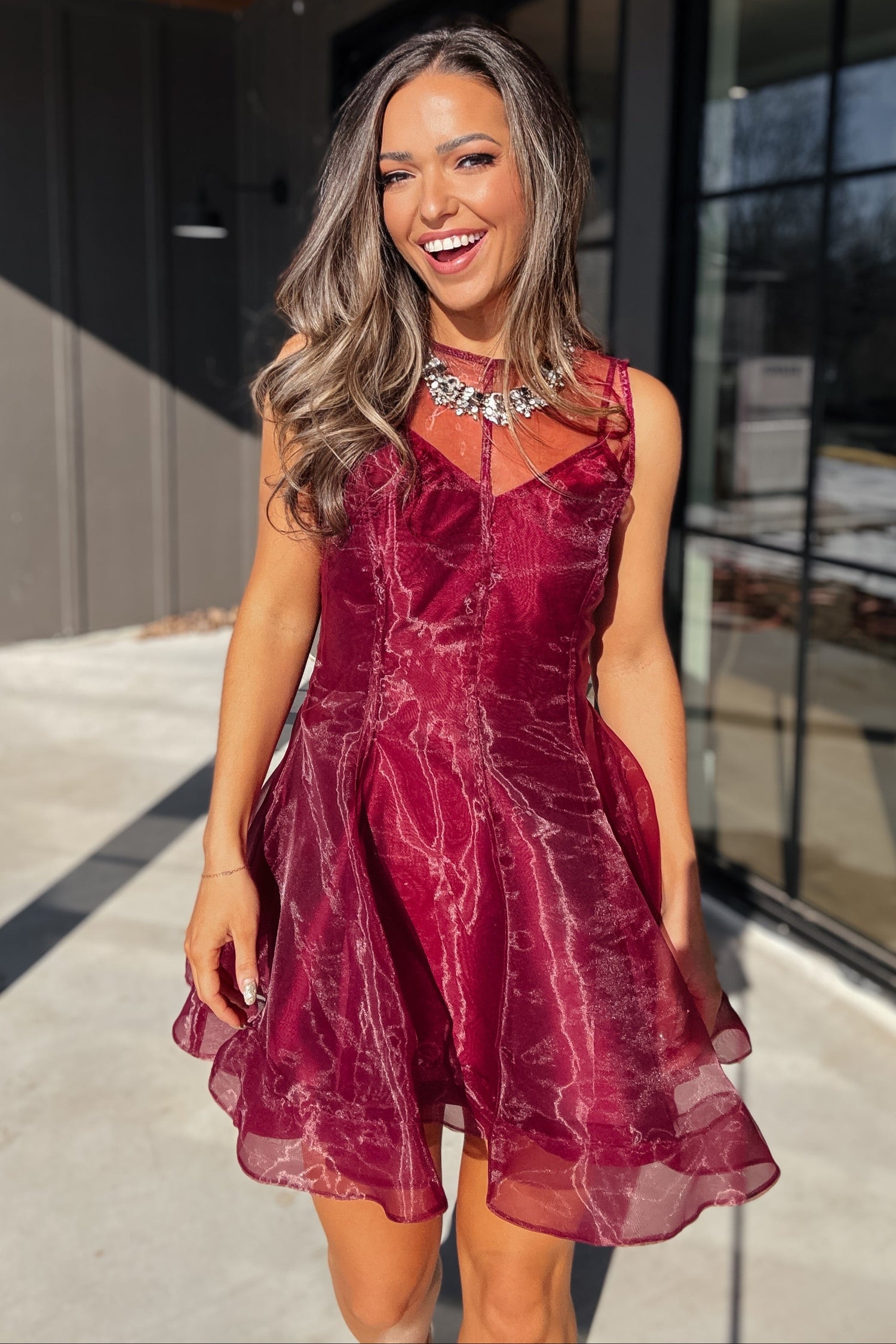 maroon organza dress Simple V Neck Maroon Organza Prom Dresses with Slit and Velvet Top ARD2133