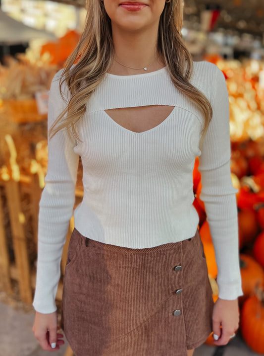 Sophia White Knit Cut-Out Long Sleeve Top