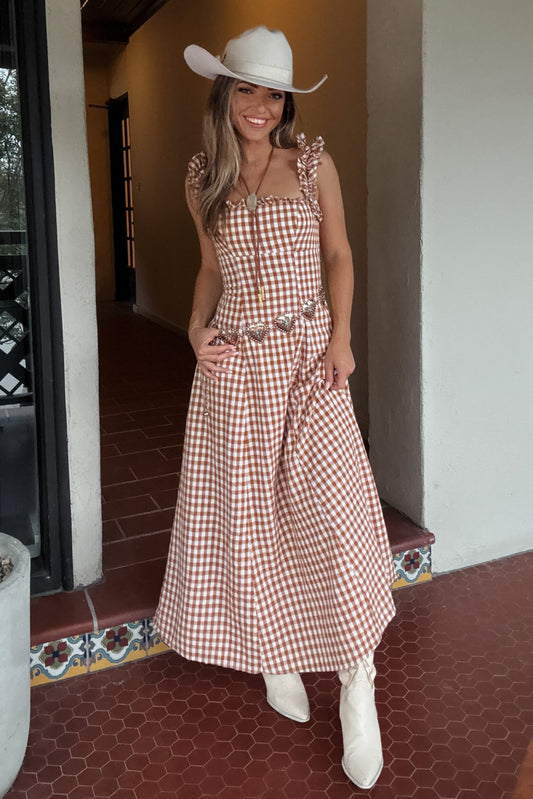 Hayes Tan Brown Plaid Maxi Dress