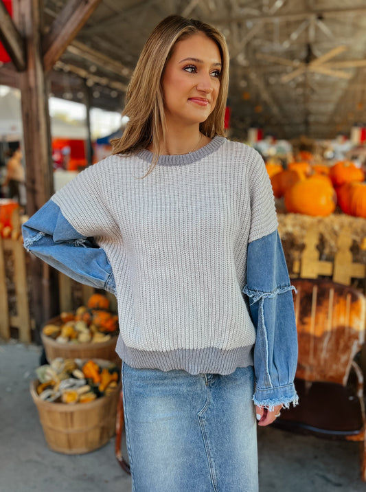 Tapanga Knit Grey Colorblock and Denim Sweater