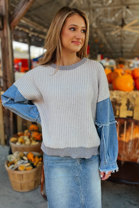 Tapanga Knit Grey Colorblock and Denim Sweater