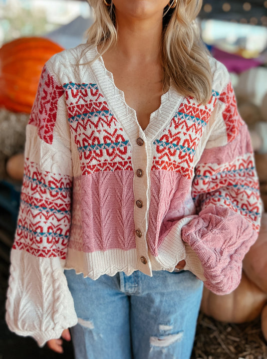 Reagan Pink Patchwork Cardigan Sweater