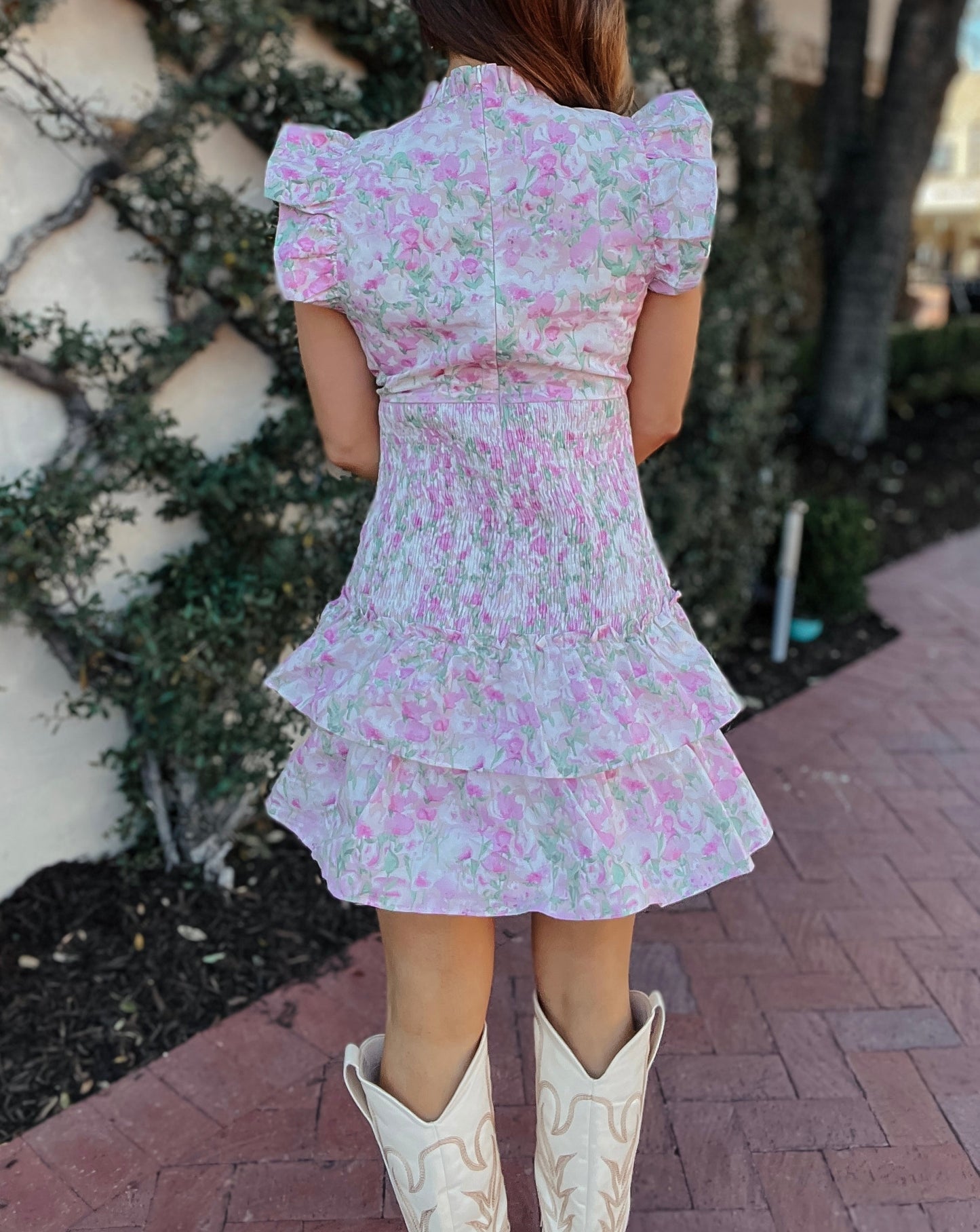 Sutton Pink Floral Fitted Ruffle Dress