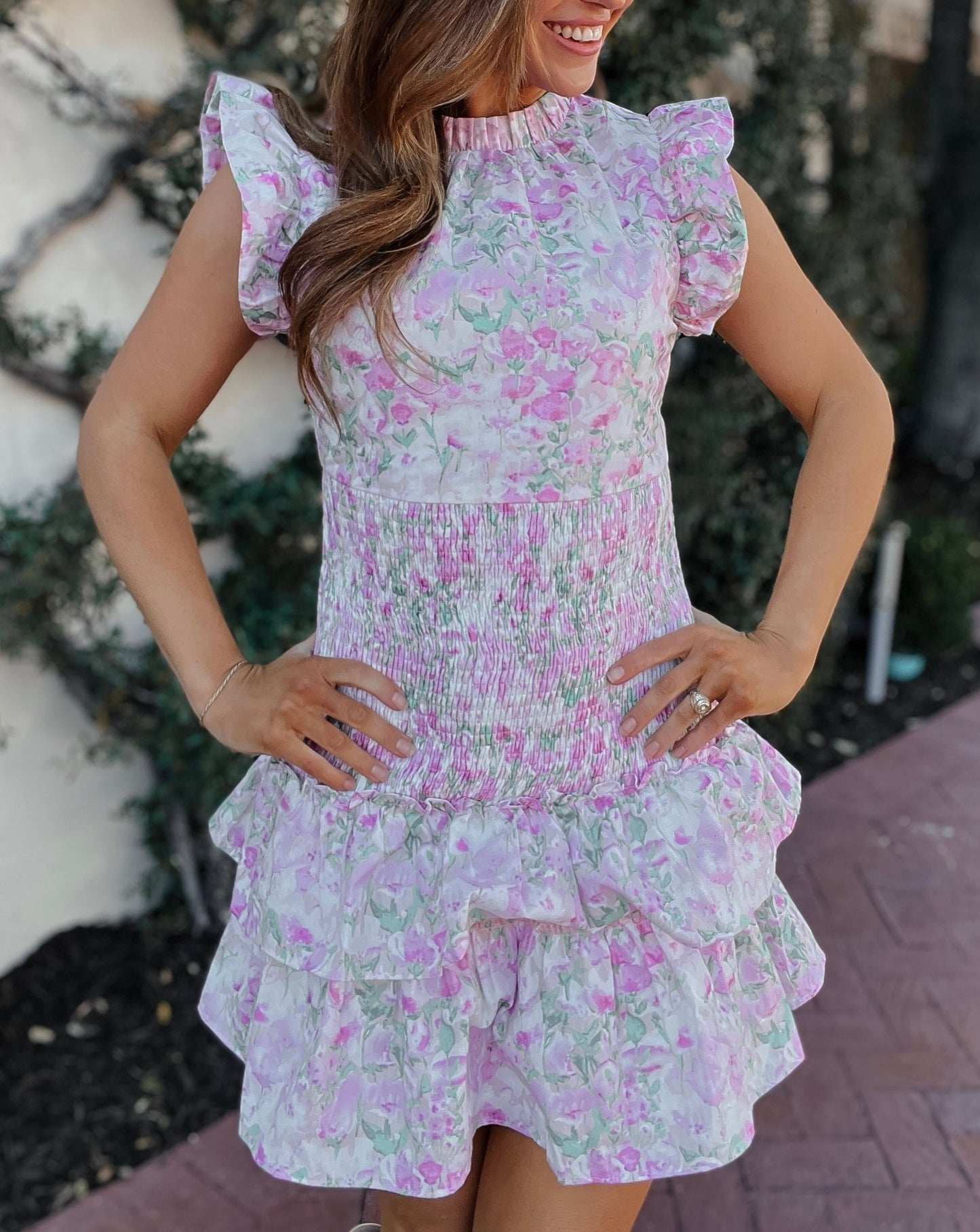 Sutton Pink Floral Fitted Ruffle Dress