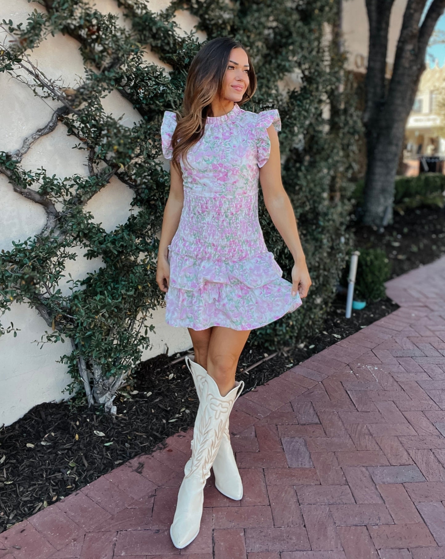 Sutton Pink Floral Fitted Ruffle Dress