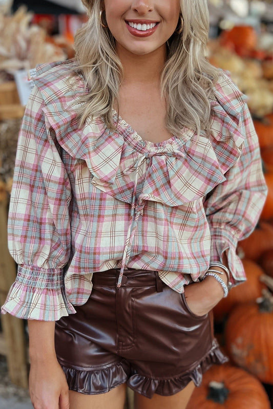 Casey Pink Check Ruffle Crop Plaid Top