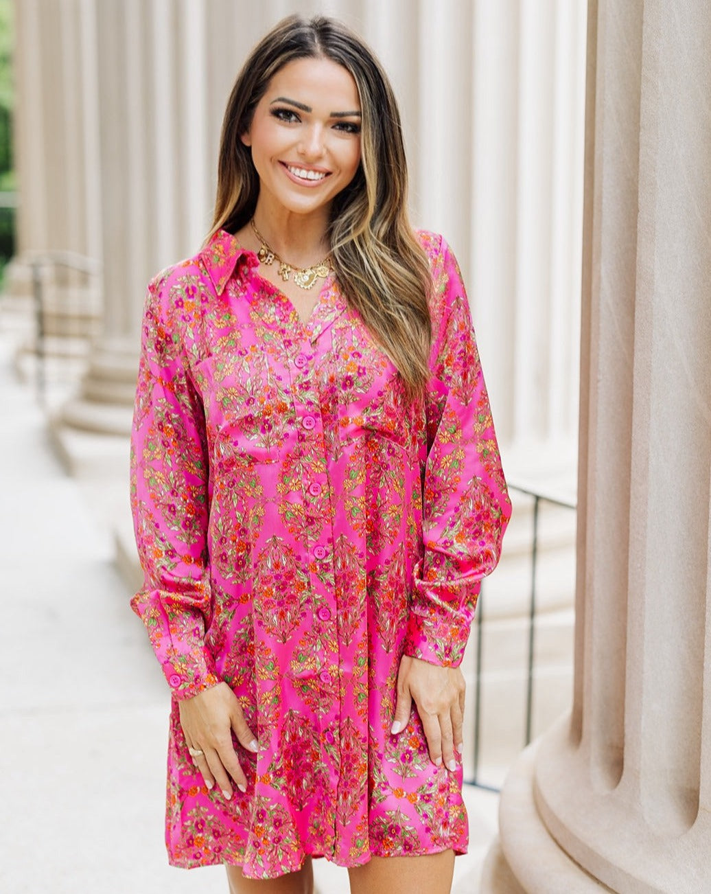 Raelynn Satin Pink Floral Button Down Dress