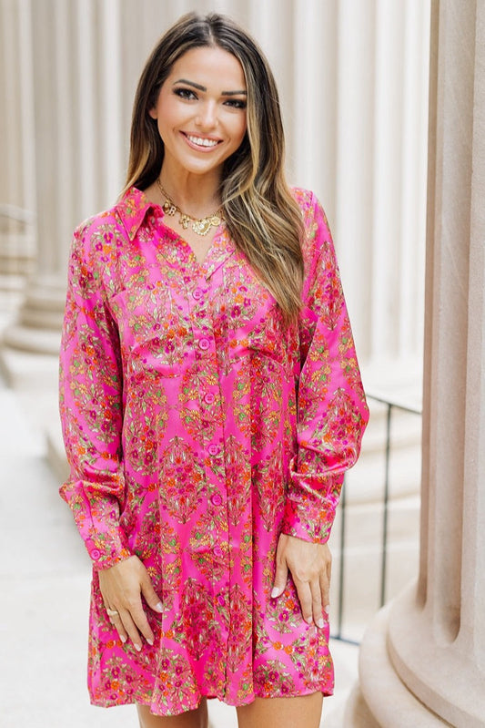 Raelynn Satin Pink Floral Button Down Dress