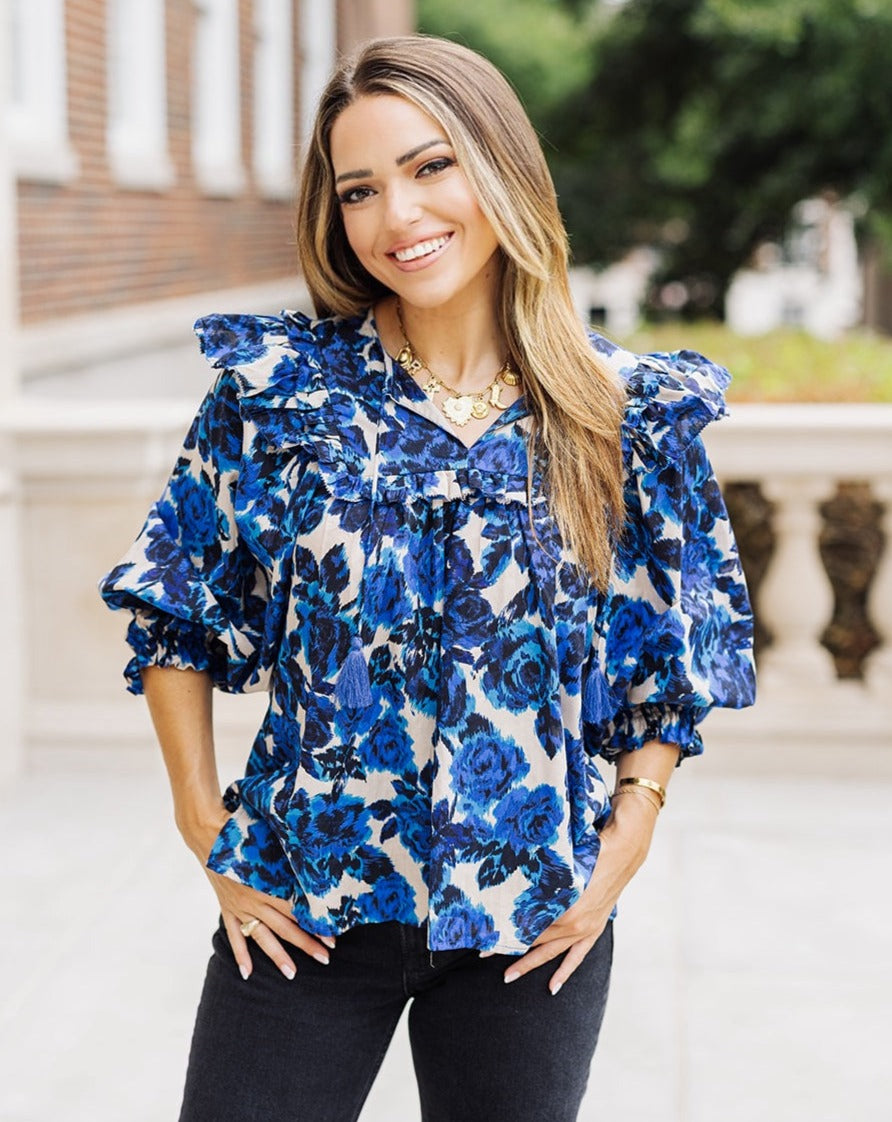 Missy Blue and Black Floral Ruffle Puff Sleeve Top