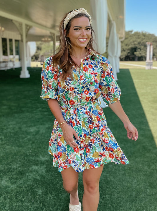 Tropic Like It's Hot Puff Sleeve Button Down Dress