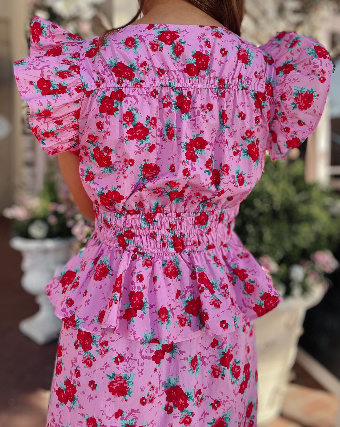 Skylar Pink and Red Floral Smocked Bow Tie Midi Dress