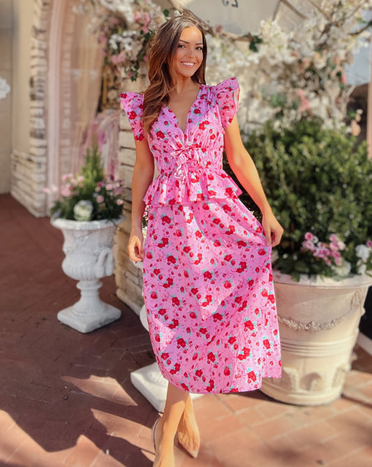 Skylar Pink and Red Floral Smocked Bow Tie Midi Dress