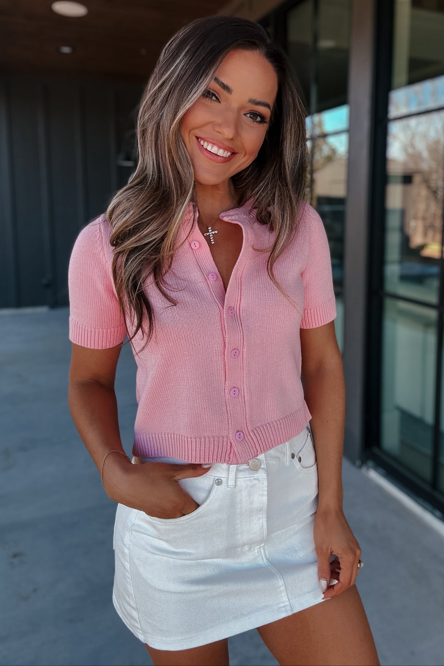 Blaire Pink Button Down Sweater Top