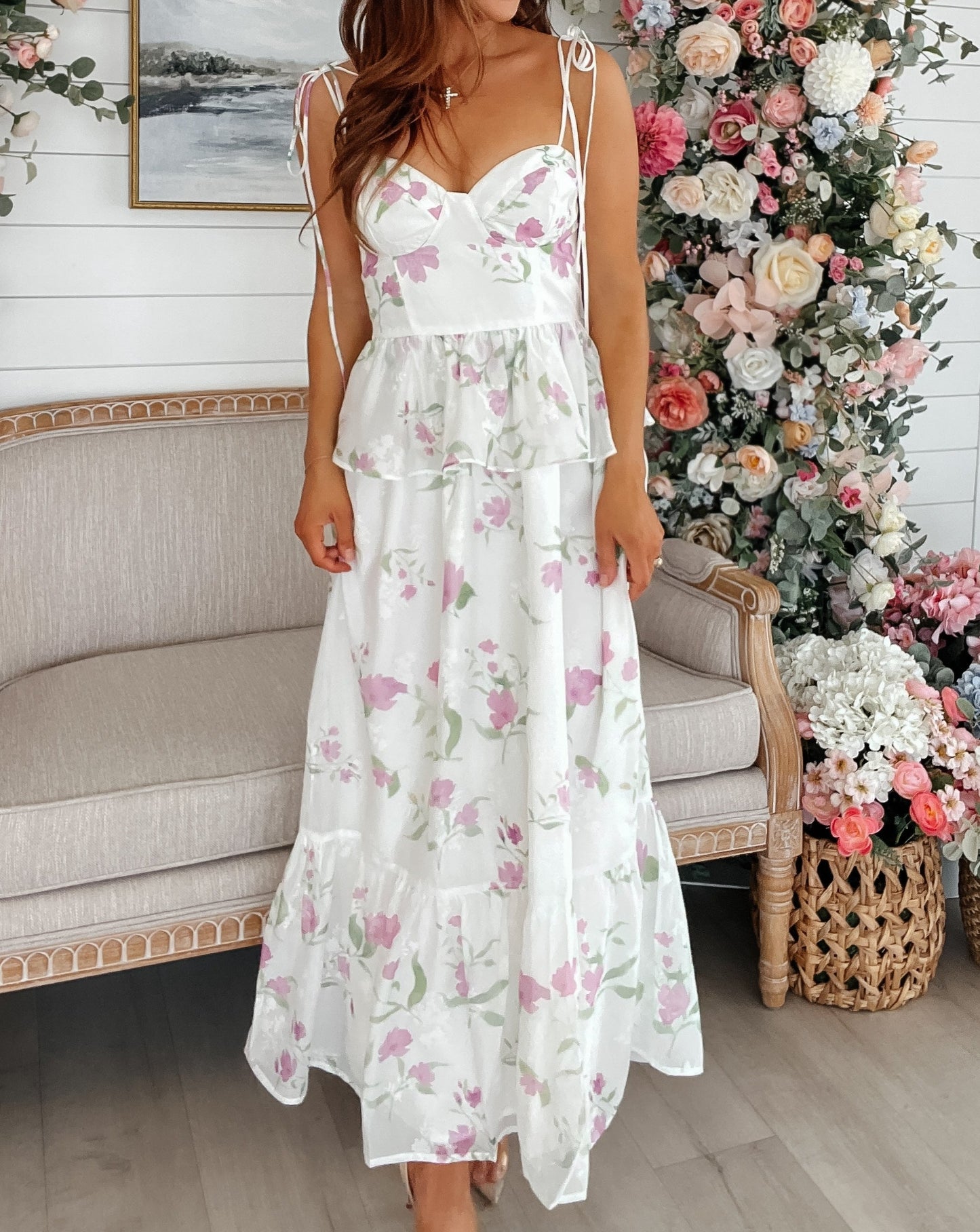Talia Bow-Tie Floral Ruffle Peplum Midi Dress