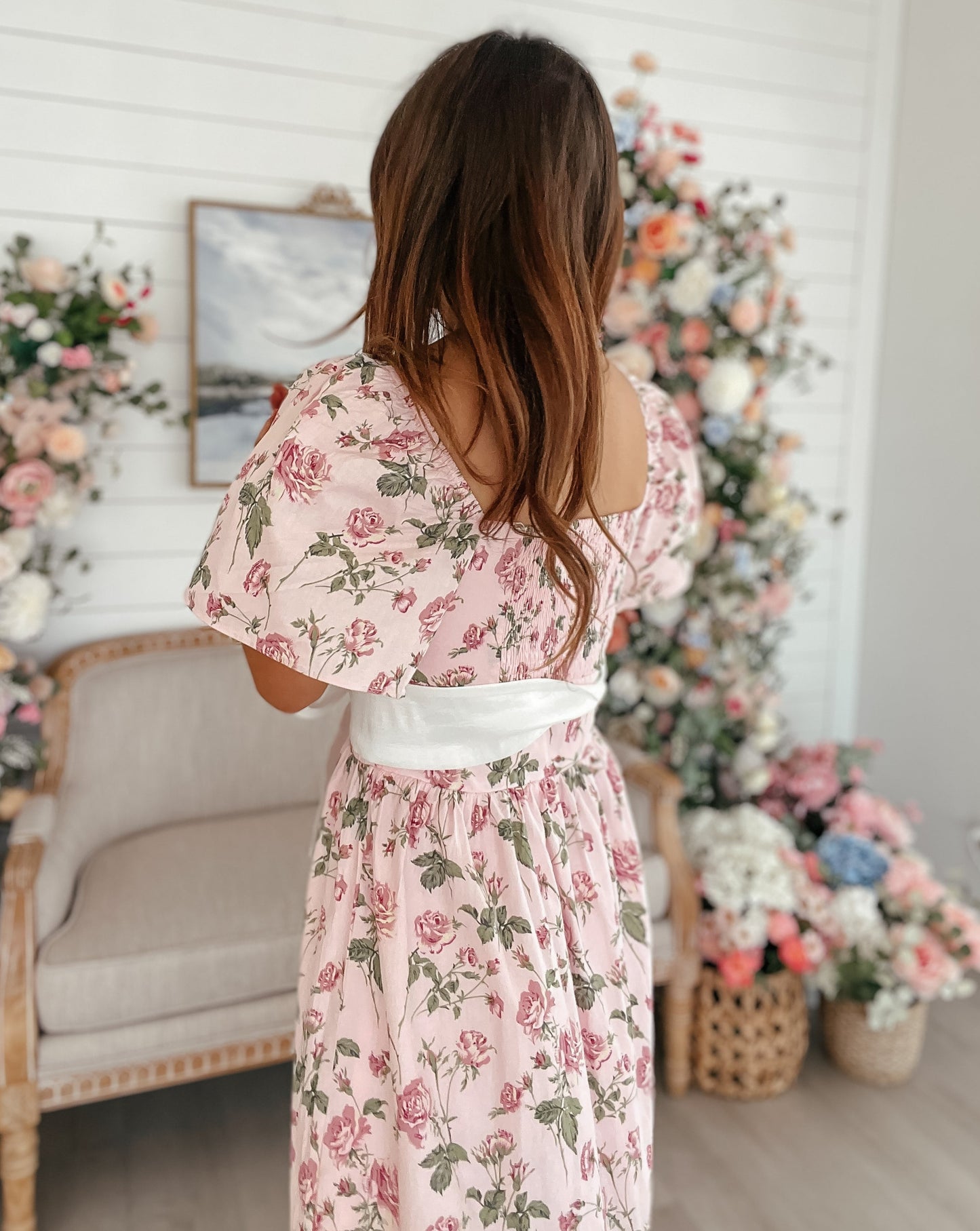 Kate Pink Floral Bow Detail Midi Dress