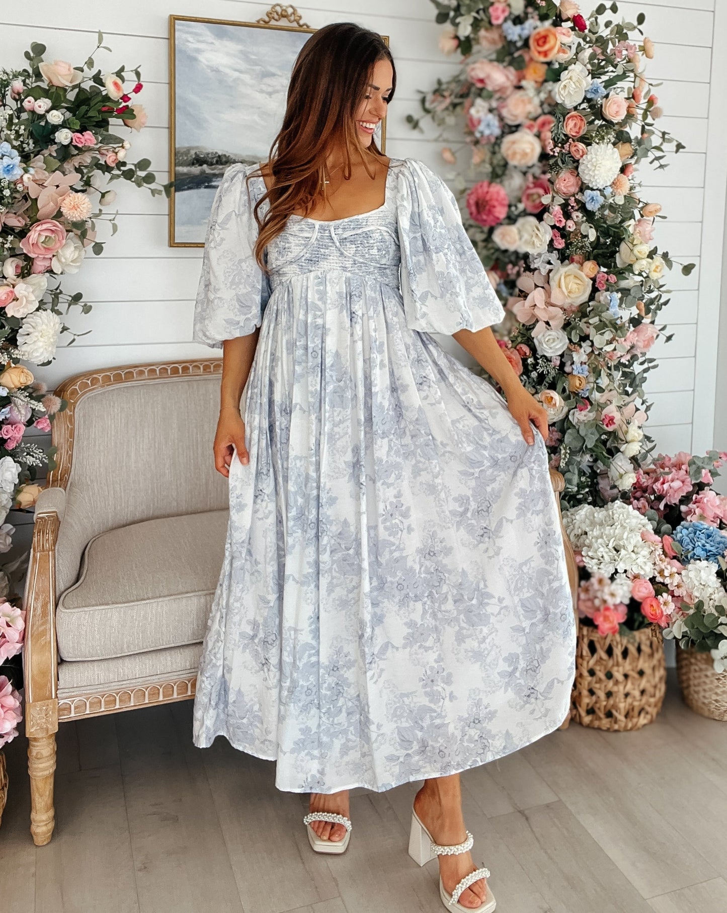 Sienna Baby Blue Floral Corset Puff Sleeve Midi Dress