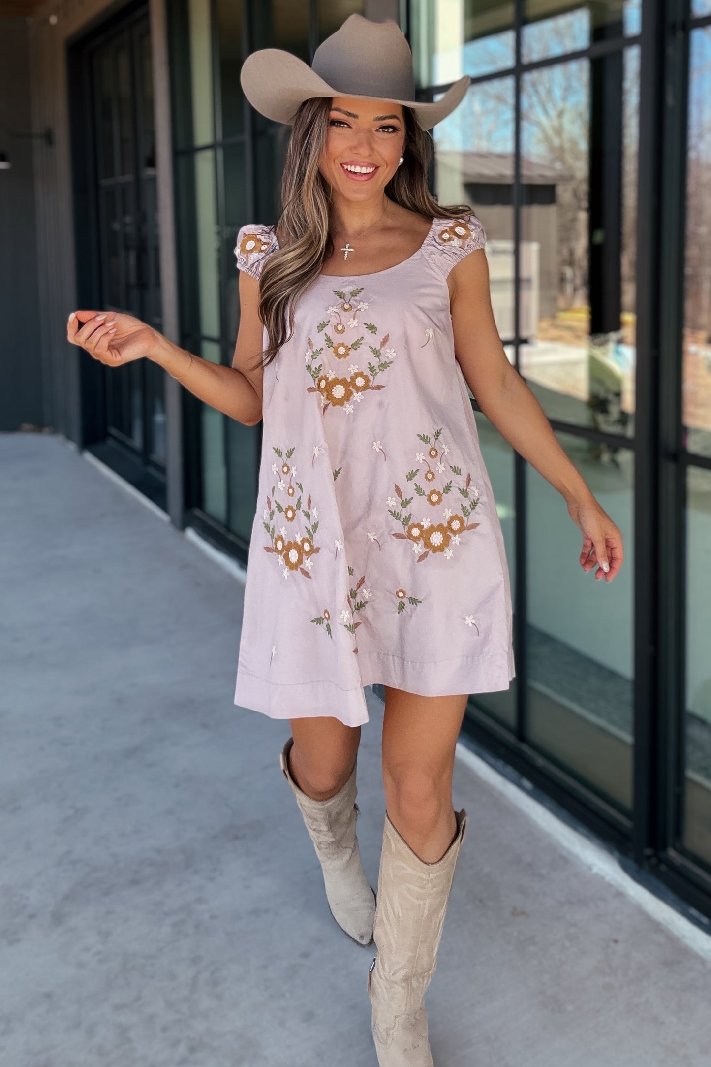 Ramsey Purple Mauve Floral Embroidered Cap Sleeve Dress