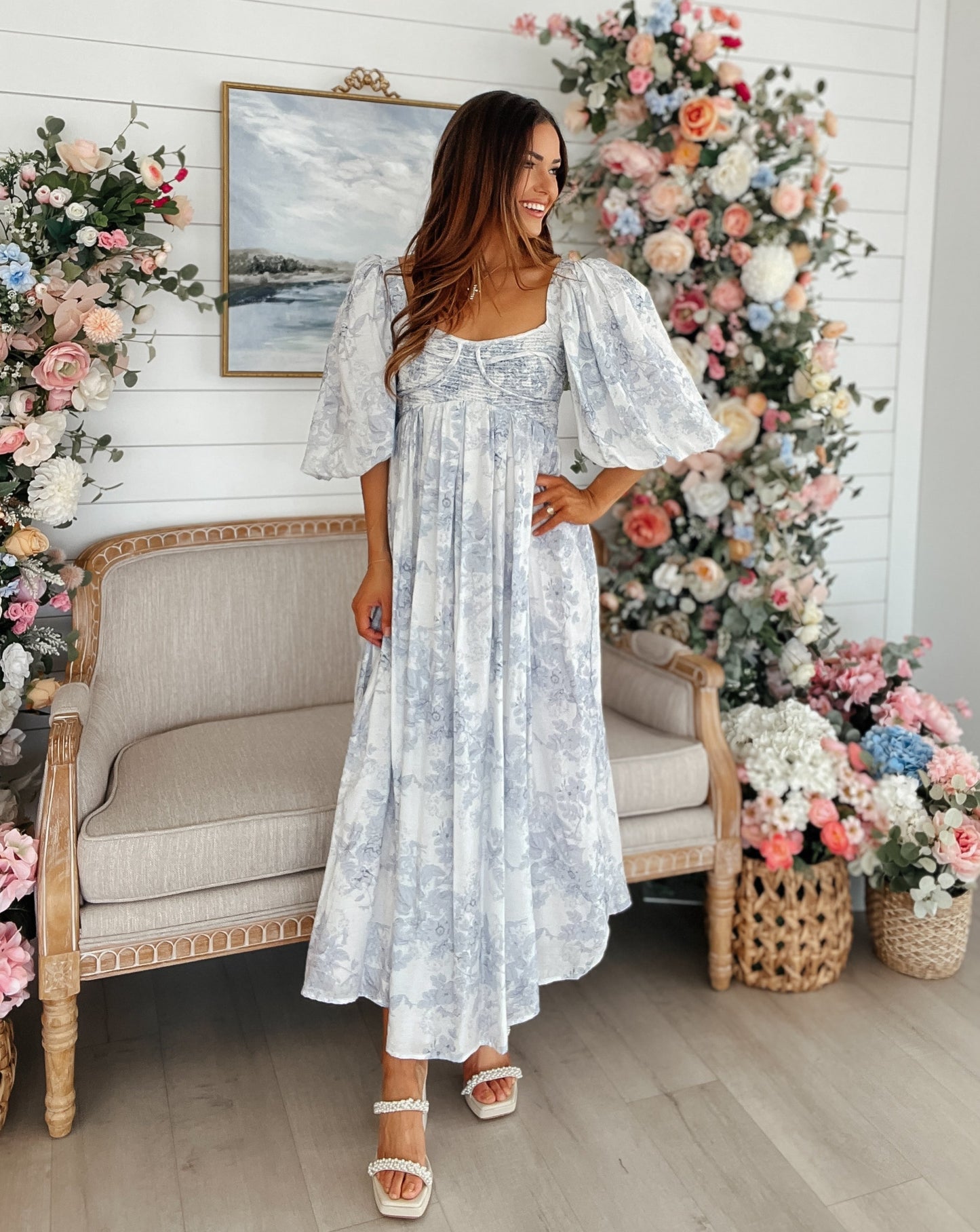 Sienna Baby Blue Floral Corset Puff Sleeve Midi Dress